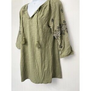 J. Jill Embroidered Top Tassel Womens Xsmall Cotton Modal 3/4 Sleeve olive green